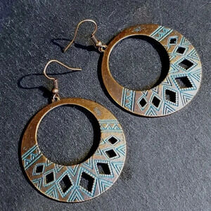 Antique Copper Verdigris Blue Green Patina Round Geometric Cutout Earrings
